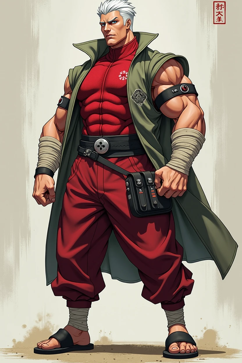 Extremely detailed, Detailed face, Detailed eyes, view full body, short-haired, Fat(Fat, Fat), well-muscled, a dynamic illustration of Munashi Kurotani, a young yet physically imposing 15-year-old character standing at 203 cm with a muscular build. He has pure white hair and eyes. Munashi is dressed in a tight-fitting, deep red shirt made from special mesh fabric with a high collar and no sleeves, paired with matching red, slightly loose combat pants. He wears dark-colored ninja sandals. Over his shirt, he dons a rugged combat jacket. His right arm features a bandana with the Iwagakure symbol and bandaged hands, while both legs have hip-pouches with additional bandages wrapped around them. Capture him in a reflective or intense training pose, emphasizing his immense physical strength. The overall mood should convey his formidable presence."