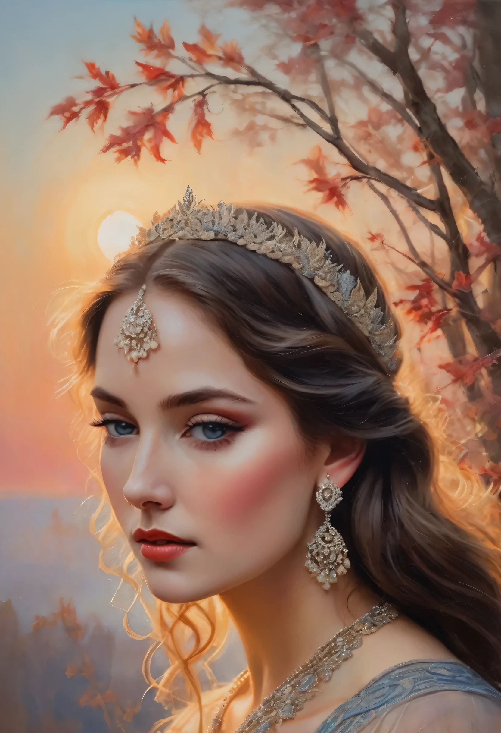 "An art nouveau style painting in soft pastel tones depicts a beautiful woman with pale eyes, detailed eyelashes and meticulously shaped eyebrows. Her face is exquisitely detailed, with a full mouth, almost pale skin accentuated by a soft blush. Her long brown hair accents cascade gracefully over her exposed shoulders, catching the golden light of the hour that adds a soft glow. She wears a delicate silver tiara, red stone with matching earrings, and a necklace adorned with dried flowers and leaves are subtly woven into her look, enhancing her ethereal presence. Her light fabric dresses, in shades of soft gray and blue, feature intricate and delicate embroidery. The overall setting is mesmerizing, capturing the delicate beauty and serene elegance of the moment.