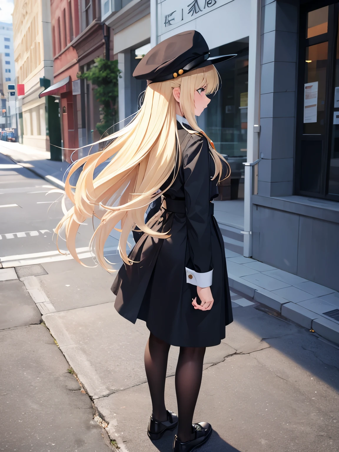 1woman,Facing back, camera angle from behind, photo from behind, looking away, full body photo,Black army uniform, black army hat,,Blonde hair,blonde hair,blonde,bangs,long hair, straight hair,ultra detail,ultra Hd, masterpiece,4k