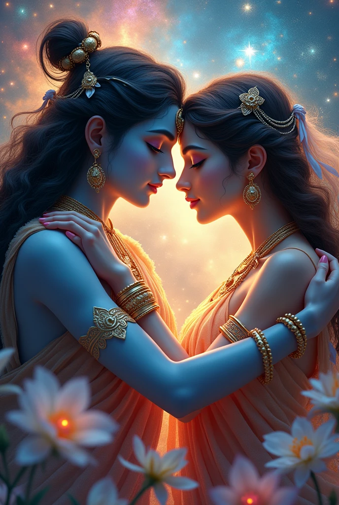 generate a high quality photo for x.com profile header , photo of radha krishna , & it should be looks like very amazing like galaxy , stars , flowers & colourful , photo size ratio should be 3:1