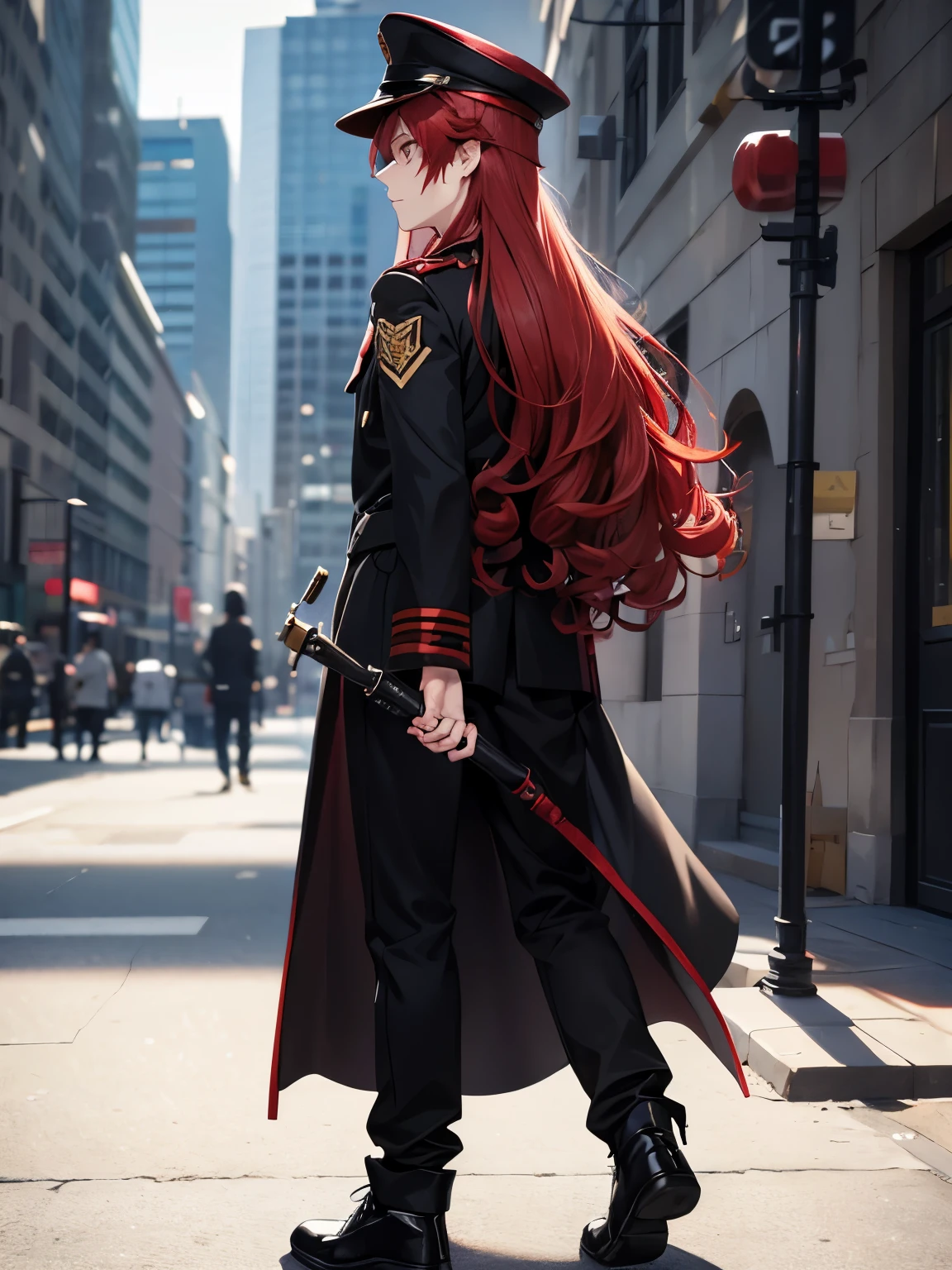 1boy,18 years old,cool,walking,middle parted hairstyle,Curly hair, red hair, long hair, vampire, handsome,,full body photo,,Black army uniform, black army hat,Facing back, camera angle from behind, photo from behind, looking away 