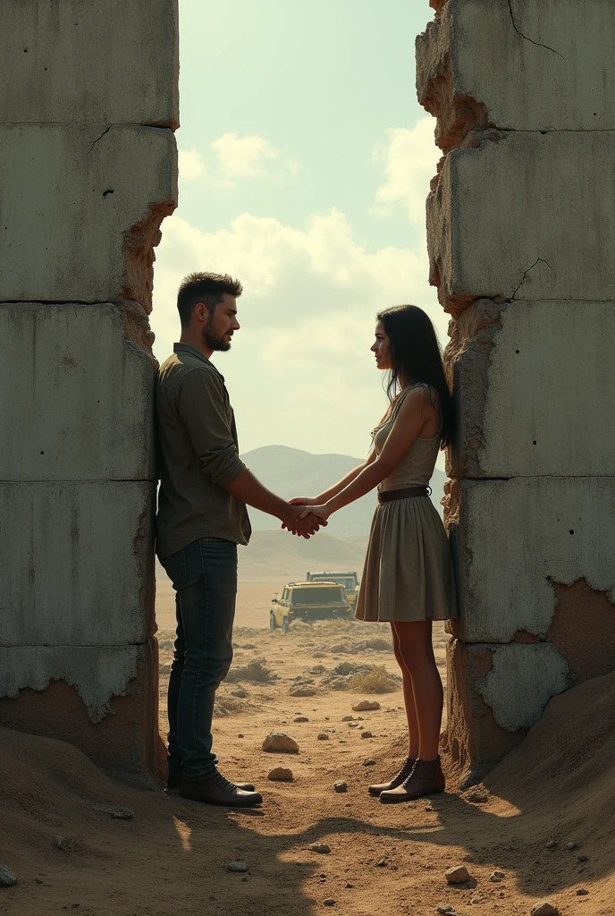 A couple sitting back-to-back on opposite sides of a wall in a post-apocalyptic world