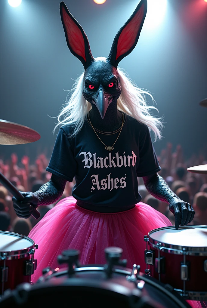 Raven with rabbit ears and a bad face, with white hair. With a shirt that says "Blackbird Ashes"and a pink tutu. Playing drums at a heavy metal concert.