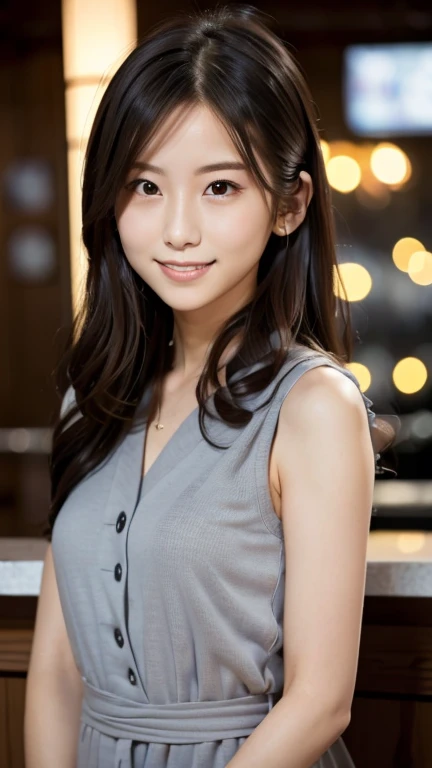 (((night bar:1.3, indoor, Photographed from the front))), ((long hair:1.3, suit,japanese woman,smile, cute)), (clean, natural makeup), (highest quality, masterpiece:1.3, 超High resolution), (Super detailed, caustics), (realistic:1.4, RAW shooting), very detailed, High resolution, 16K resolution, sleeveless:1.5,