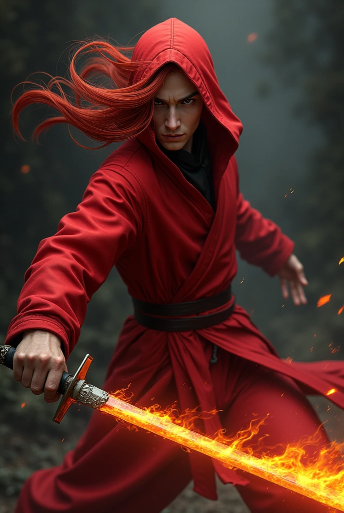 Create a male ninja with white skin, medium-long red hair, a red suit and a fire katana