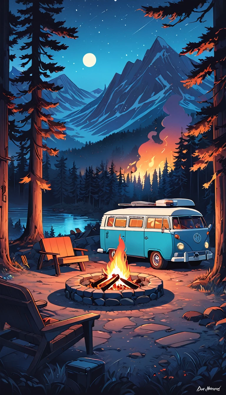 a blue camper van parked next to a fire pit, night, animation illustrative style, beautiful digital illustration, stunning digital illustration, ( ( ( ( ( dan mumford ) ) ) ) ), featured on illustrationx, dribbble illustration, beautiful retro art, wonderful compositions, camping, scenery art detailed, in the style dan mumford artwork, simon stålenhag color scheme , blue night theme