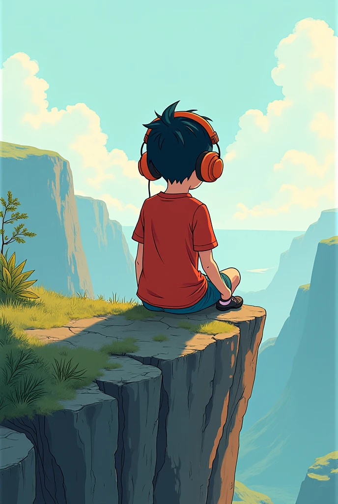 Animated boy sitting on a cliff wearing headphones in a cartoonistic manner
Not showing his face showing his back
Should look like it is drawn with crayons