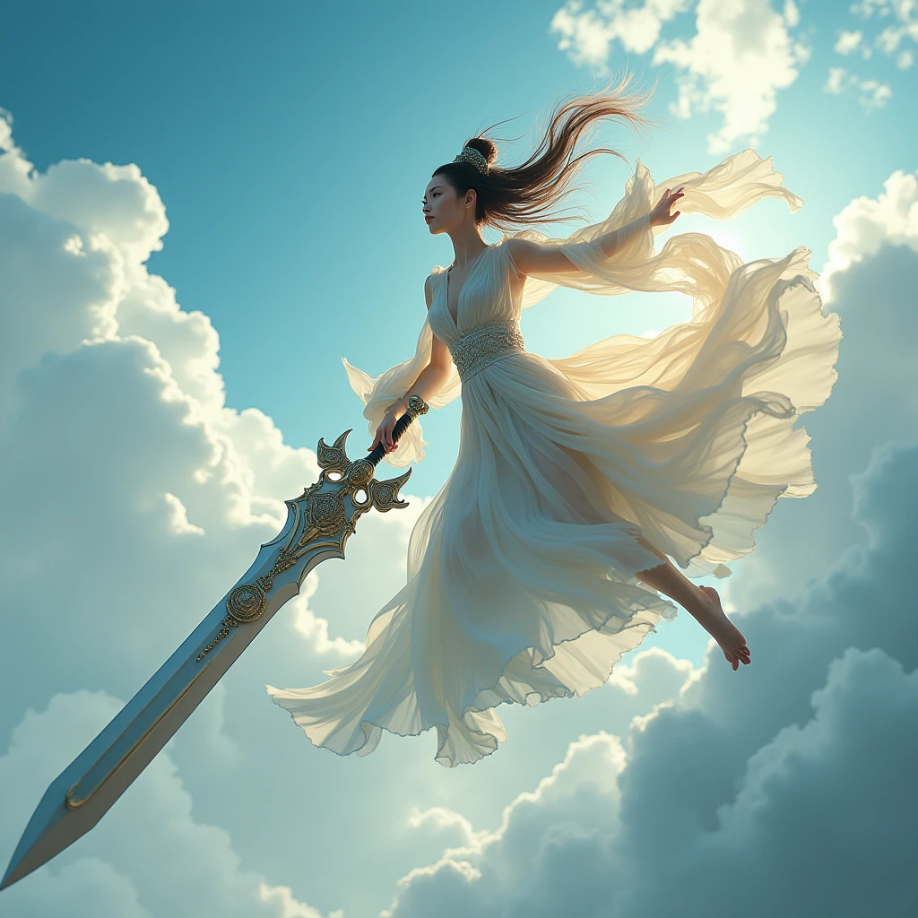 (Giant Weapon), 1girl, long_hair, Chinese Fairy Style, Xianxia style, Sword riding, Sword flight, high speed flying and stand on a sword, blue sky, clouds. Beautiful cinematic lighting, surreal, RAW photo, color graded, dynamic movement, captivating chiaroscuro, (special effects:0.1), full body, award-winning, cinematic still, emotional, vignette, dynamic, vivid, (masterpiece, best quality, photorealistic, Professional, perfect composition, very aesthetic, absurdres, ultra-detailed, intricate details:1.3)