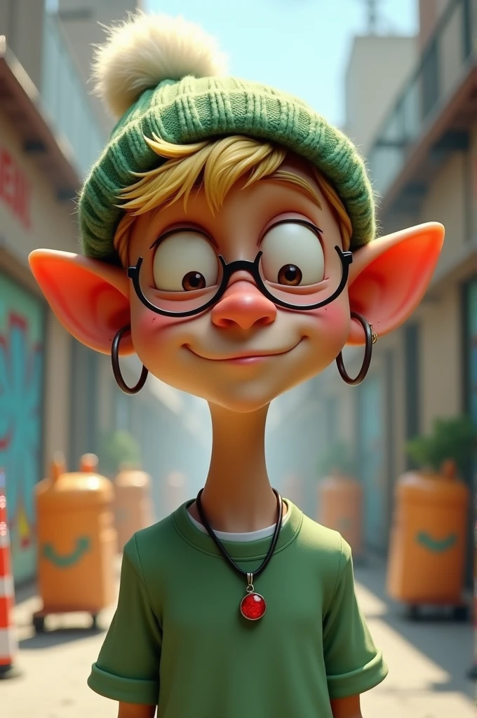 The character has a cartoonish appearance with exaggerated features. His face is elongated and his skin is a light brown tone. He has large, floppy ears, with prominent earlobes that seem to stretch downward. His nose is large and rounded, With a touch of humor. He wears thin, circular-framed glasses, giving him a distracted or indifferent air.
He has short and messy hair, Blonde colored, that stick out from under a green knitted beanie with a white pom-pom on the tip. His eyes seem half-closed, giving him a sleepy or apathetic expression. He has a couple of scars or marks on his cheek and a small hoop earring in his left ear.
He wears a green T-shirt over a white shirt with a visible red pendant around his neck. The background shows an urban environment with graffiti and construction barriers, suggesting he is in a street or alley.