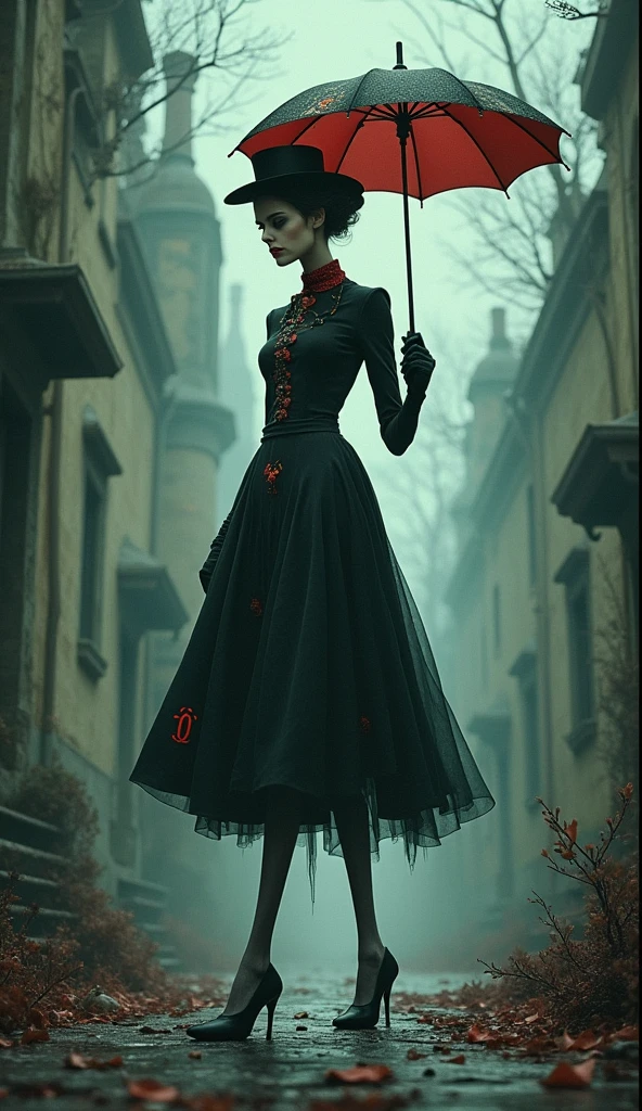 "Create a surreal and twisted version of Mary Poppins in the style of Tim Burton. Imagine her with elongated limbs, a hauntingly whimsical umbrella, and a mischievous grin. She wears tight, form-fitting attire adorned with eerie patterns and symbols, her (O N O ) standing out as oddly exaggerated features. Show her navigating a surreal dreamscape, where every step is a whimsical nightmare waiting to unfold." bad-picture-chill-75v