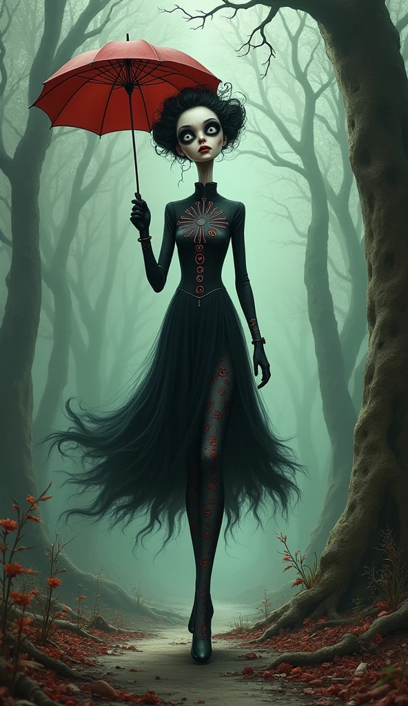 "Create a surreal and twisted version of Mary Poppins in the style of Tim Burton. Imagine her with elongated limbs, a hauntingly whimsical umbrella, and a mischievous grin. She wears tight, form-fitting attire adorned with eerie patterns and symbols, her (O N O ) standing out as oddly exaggerated features. Show her navigating a surreal dreamscape, where every step is a whimsical nightmare waiting to unfold." bad-picture-chill-75v