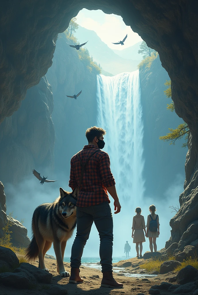 A handsome 22 year-old man wearing a mask having sports build wearing a checked shirt standing with wolf looking back. he is in a cave with a big waterfall as an entrance to the parallel universe. There are two girls standing and small elf and dragons flying in sky in background. 