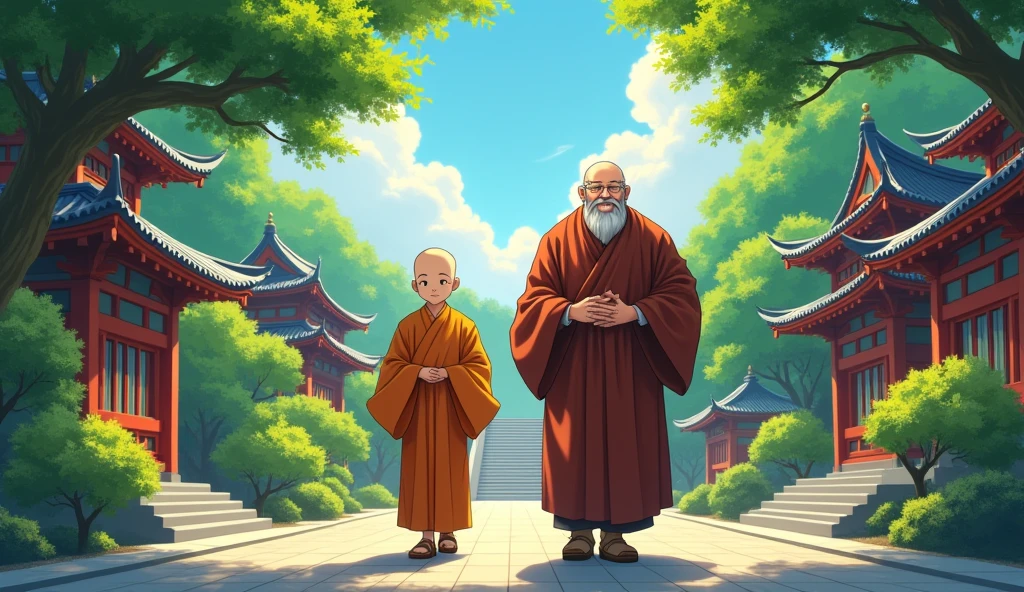 Young monk student walking with old fat master monk, temples, surrounded by beautiful trees, in anime style,