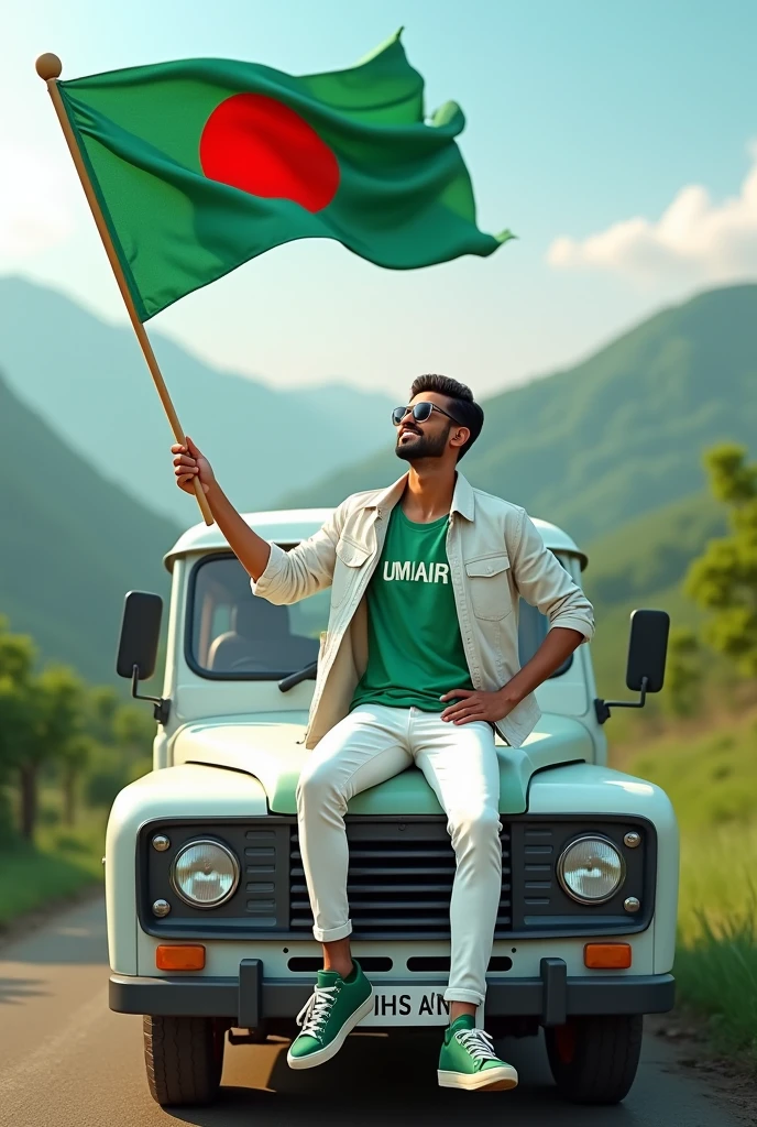 Create an Real image featuring a young man sitting on the hood of a white and green truck,with Bangladesh's scenic background. He's holding a flag celebrating Bangladesh's 01. November The boy wears a green T-shirt with 'UMAIR' printed on it, white jacket, white pants, green shoes and sunglasses." 
