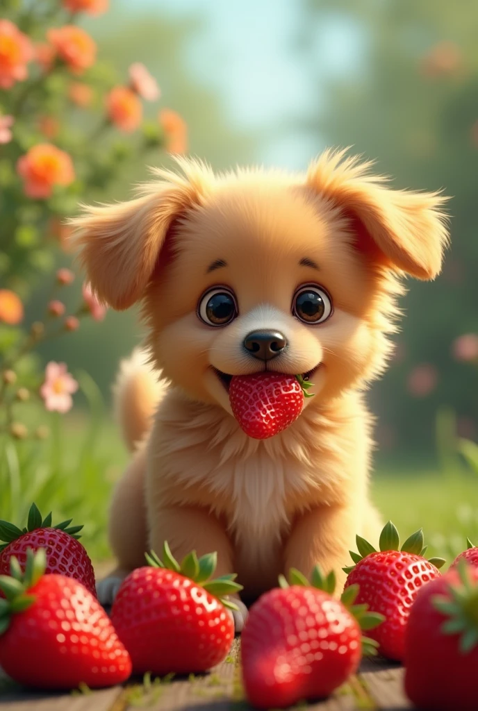 A dog eating strawberries