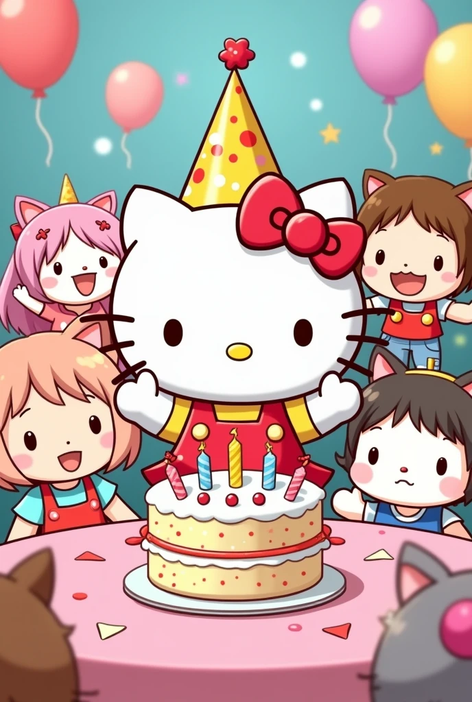 Hello Kitty and her friends celebrating a birthday, cartoon style
