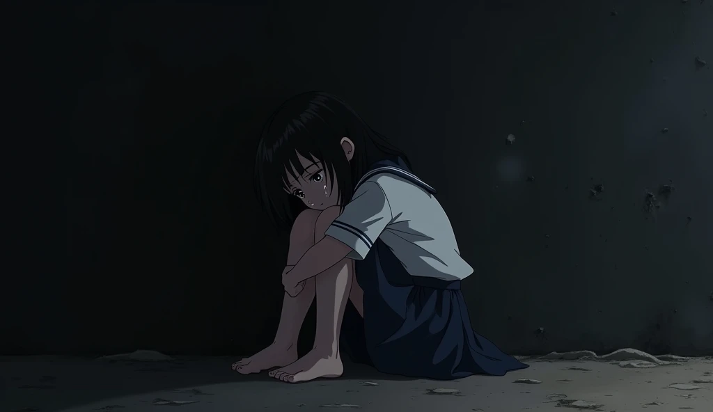 A melancholy Japanese anime schoolgirl sits, tears streaming down her face as she hugs herself, slumped against a black wall. Her traditional schoolgirl uniform is in disarray, hinting at a recent emotional upheaval. The stark contrast between her delicate features and the squalid surroundings adds depth to the poignant narrative woven into this evocative masterpiece.
