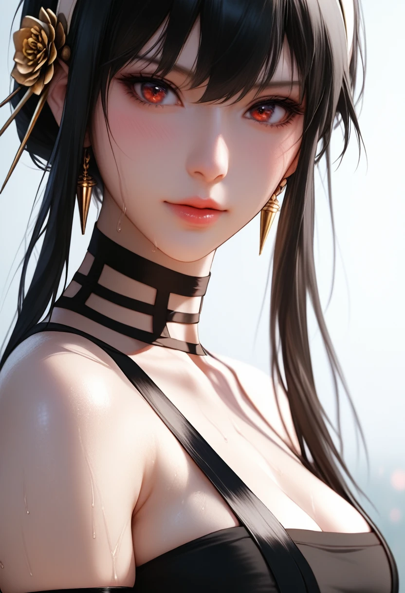 Close-up details, realistic style photo young woman, black hair, long hair, outstanding style, tall, cute, in her s. Use soft lighting to cast gentle shadows on the subject, adding a touch of dimension to your images without compromising details, score_9, score_8_up, score_7_up, yor briar, black hair, sidelock, white hairband, red eyes, (bare shoulders, japanese clothes, sleeveless, choker, sash, armband:1.1), ninja, sweat, wishful