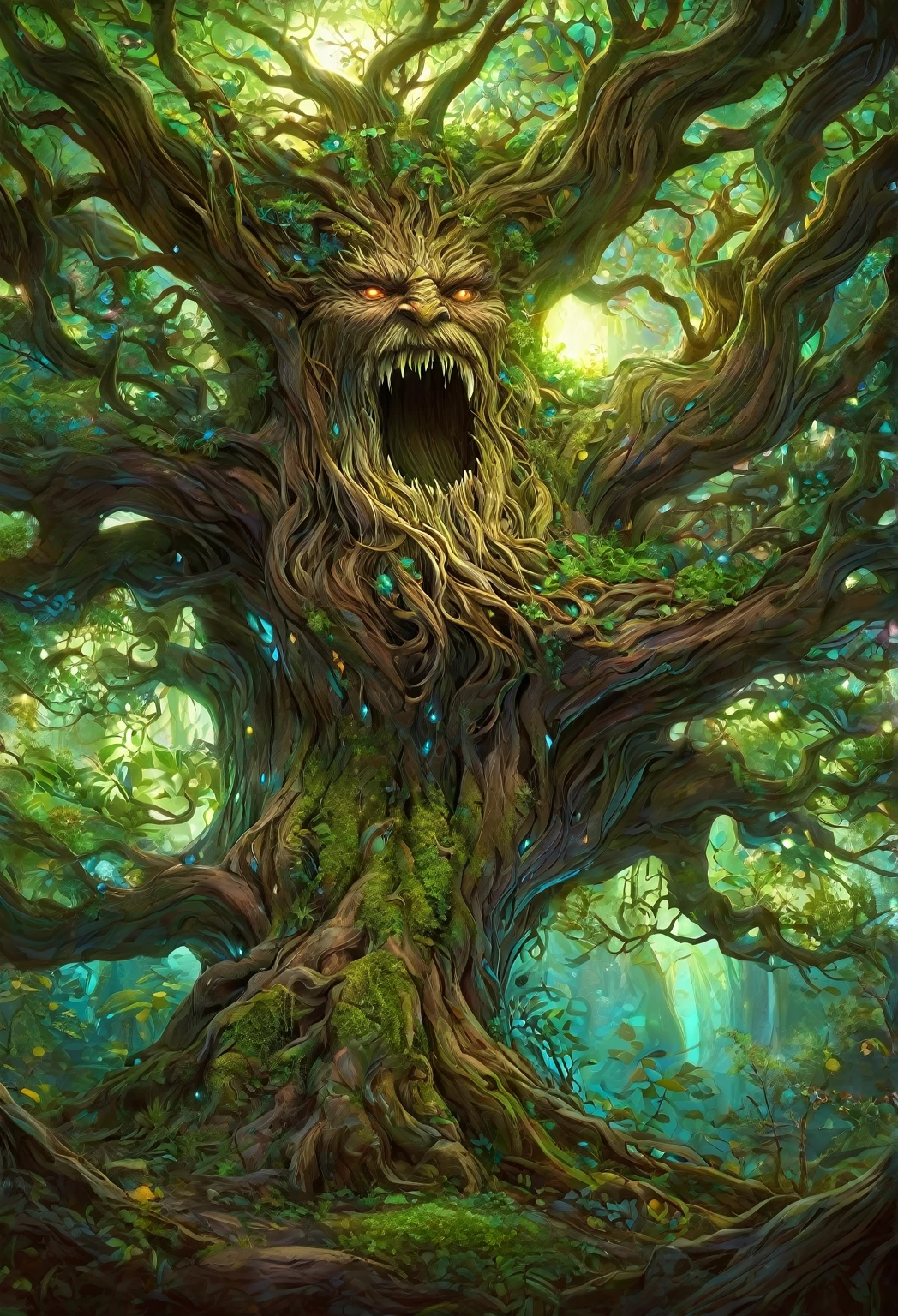 a magical treebeard using nature's power to heal, art nouveau style, ultra-detailed, 8k, highly realistic, dramatic lighting, vivid colors, intricate patterns, organic textures, ethereal atmosphere, fantasy, lush vegetation, glowing magical energy, radiant colors, dramatic shadows and highlights, masterpiece