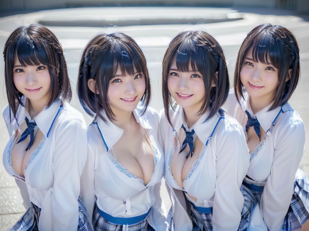 (((clone girls raw photo art))), (((Highest quality, Ultra-high resolution, Realistic, RAW Photos, 8k))), (((Real photograph: 1.5))), (((日本人high school girl, ))) , ((Beautiful Face, cute)), (((smile: 1.85))), ((Beautiful skin of Japanese girls)), (((Black Hair, Semi-long hair))), (((Summer Girls' School Uniform))), (((White shirt, Blue check mini skirt))), (((Big Breasts, H-cup: 1.7))), Super Real, Soft Light, ((((((((Extremely detailed depiction, 一人のhigh school girl, clone girls)))))))), (((((6+girls: 1.99))))), (((((high school girl, Very detailed, perfect identical faces, Perfect identical height, Perfect matching outfit, Perfect matching hairstyle, Perfect same H-cup: 1.99))))), (((100人のhigh school girl: 1.8))), (((high school girlのみ))), ((((100人high school girlに囲まれる)))), ((10,000 people, 数百万人のhigh school girlが集まる)), ((extensiive, congestion, Intensive)), (((((wide and top view)))))
