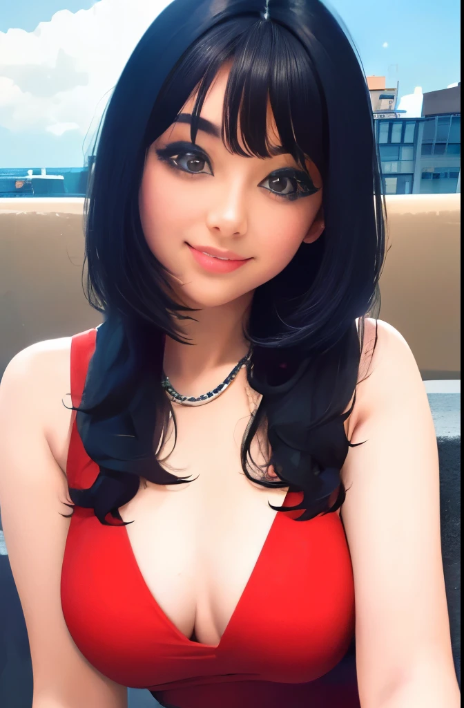 1 girl,(black hair semi-long)(beautiful hair), actress, smile, shiny skin, best quality, masterpiece, (photorealistic:1.4), terrace seating, Europe, France, Paris, denim mini skirt (realistic fabric), white short sleeves (cotton fabric), (no logo), thin fingers