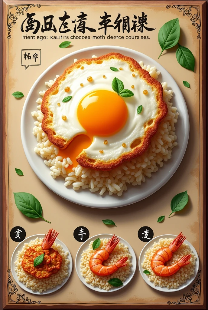 Create an image with a background similar to a food menu and add 3 images with a picture of stir-fried basil with prawns over rice(Two large prawns)Fried egg is the main picture