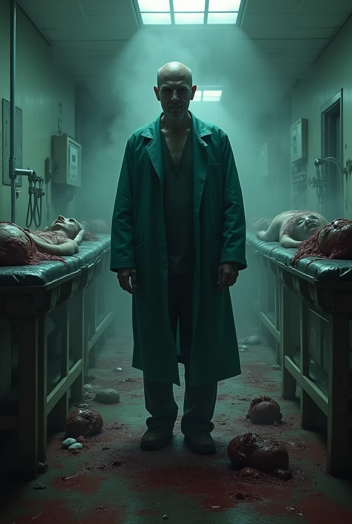 A horror book cover themed around a man who worked at the morgue and killed and abused the bodies
