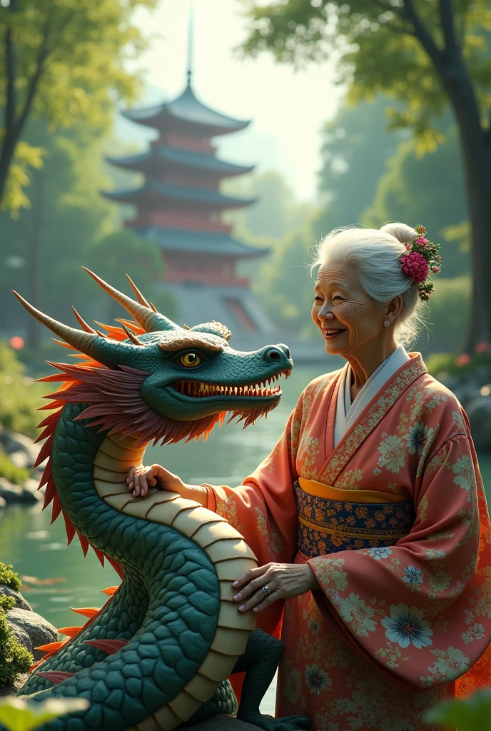 Happy kimono grandmother pet oriental dragon in a forest Japanese Zen temple