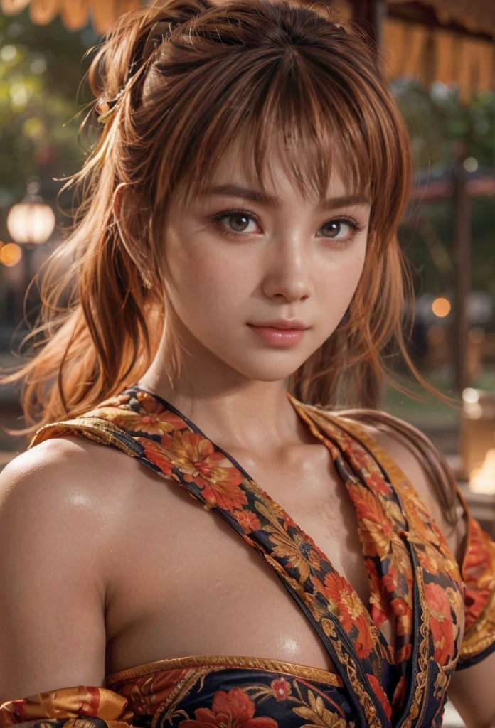 kasumi, eyes browns, (best qualityer, ultra detail), (realisitic:1.37), beautiful and detailed face, ultra-realisitic texture, Exquisite face, Delicate body, red lipgloss stick, shiny colors. High definition, 8k, expression a slight cute smile