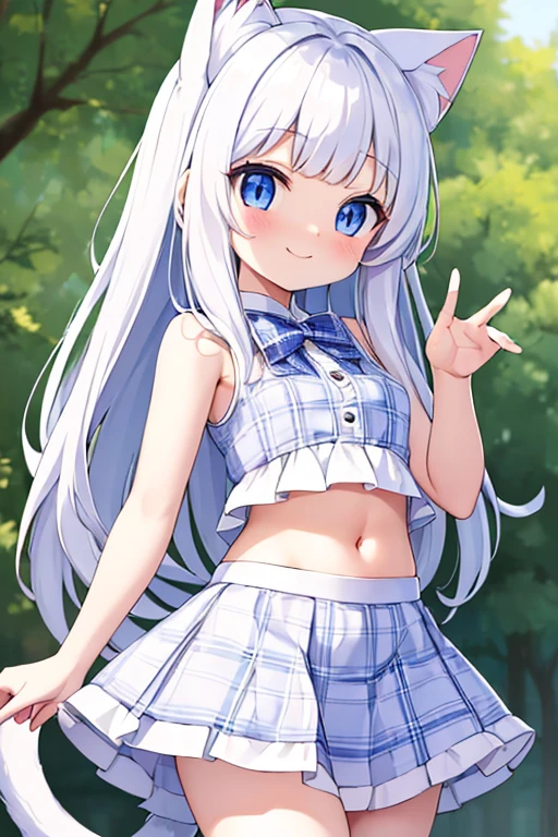 (masterpiece,best quality,ultra-detailed), an anime white ragdoll cat girl who is cute idol. She has silver white long hair with side swept bangs, midnight blue cute round eyes, ragdoll cat ears and tail, wearing crop top and plaid skirt idol costume, pose in nyaa, smile cutely at the viewer, in a cute background