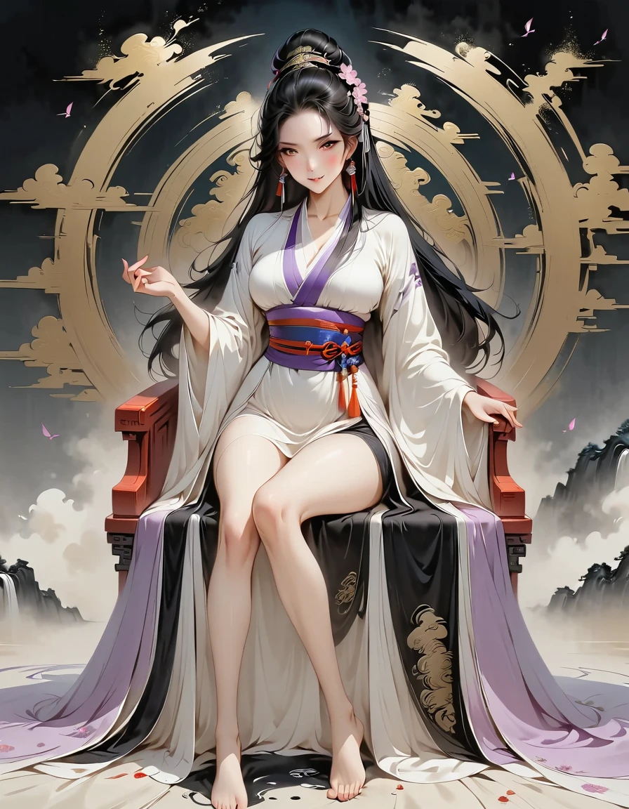 (Masterpiece, best quality:1.2), 1 girl, Hanfu Purple, (Dress conservatively:1.3), Delicate and beautiful face, mature, smile, long black hair, golden eyes, Sit on the throne., Long legs, Slender legs, (Slender legsยาว:1.2), Barefoot, (Ink stains) beautiful figure painting, Clothing ink style, traditional Chinese painting, Bismuth squid, from above, Masterpiece, Highly detailed