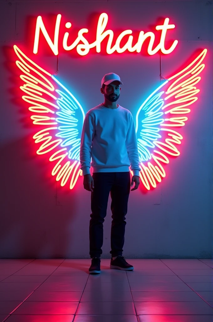 In this striking and futuristic scene, a mysterious individual stands confidently in front of a mesmerizing neon wall. The individual’s casual attire – a white sweater, white cap, black pants, and black shoes – contrasts with the vibrant neon wings in indian flag color, symmetrically placed on either side of the figure. The bold red neon quote “Nishant” adds an inspiring touch to the composition. The floor, made of tiles, reflects the grayish hue of the wall