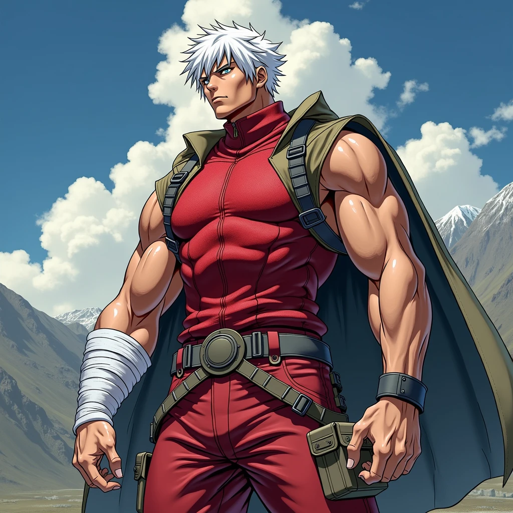 a dynamic illustration of Munashi Kurotani, a young yet physically imposing 15-year-old character standing at 203 cm with a muscular build. He has pure white hair and eyes. Munashi is dressed in a tight-fitting, deep red shirt made from special mesh fabric with a high collar and no sleeves, paired with matching red, slightly loose combat pants. He wears dark-colored ninja sandals. Over his shirt, he dons a rugged combat jacket. His right arm features a bandaged hands, while both legs have hip-pouches with additional bandages wrapped around them. Capture him in a reflective or intense training pose, emphasizing his immense physical strength. The overall mood should convey his formidable presence.