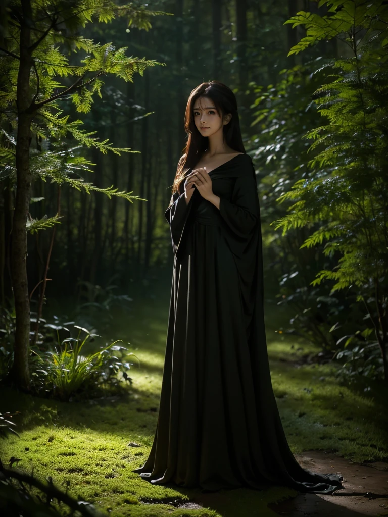 A serene night scene in a dense forest, with a beautiful witch standing in the middle. The witch wears a simple, elegant dark robe with long sleeves, blending harmoniously with the natural surroundings. Her expression is calm and thoughtful, exuding quiet power and wisdom. The forest is illuminated by soft, ethereal moonlight filtering through tall, slender trees, casting gentle shadows on the moss-covered ground. The atmosphere is peaceful and subdued, with a focus on the quiet beauty of the night. The scene should feel mystical and tranquil, with the witch seamlessly integrated into the starlit environment."

Additional Parameters:

Style: Realistic, moody lighting
Lighting: Soft moonlight, subtle shadows
Colors: Dark tones, natural shades
Composition: The witch should be centered, with tall trees in the background and soft light highlighting her figure
Environment: Dense forest at night, mossy ground, serene atmosphere