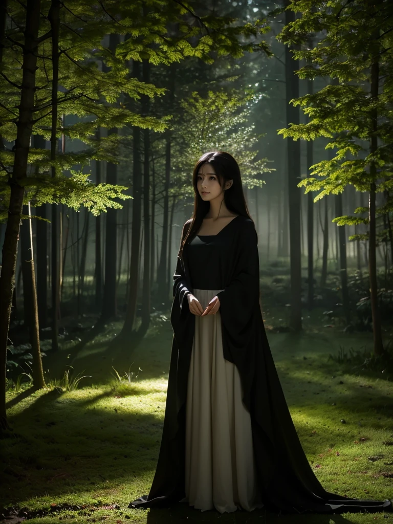 A serene night scene in a dense forest, with a beautiful witch standing in the middle. The witch wears a simple, elegant dark robe with long sleeves, blending harmoniously with the natural surroundings. Her expression is calm and thoughtful, exuding quiet power and wisdom. The forest is illuminated by soft, ethereal moonlight filtering through tall, slender trees, casting gentle shadows on the moss-covered ground. The atmosphere is peaceful and subdued, with a focus on the quiet beauty of the night. The scene should feel mystical and tranquil, with the witch seamlessly integrated into the starlit environment."
Additional Parameters:
Style: Realistic, moody lighting
Lighting: Soft moonlight, subtle shadows
Colors: Dark tones, natural shades
Composition: The witch should be centered, with tall trees in the background and soft light highlighting her figure
Environment: Dense forest at night, mossy ground, serene atmosphere