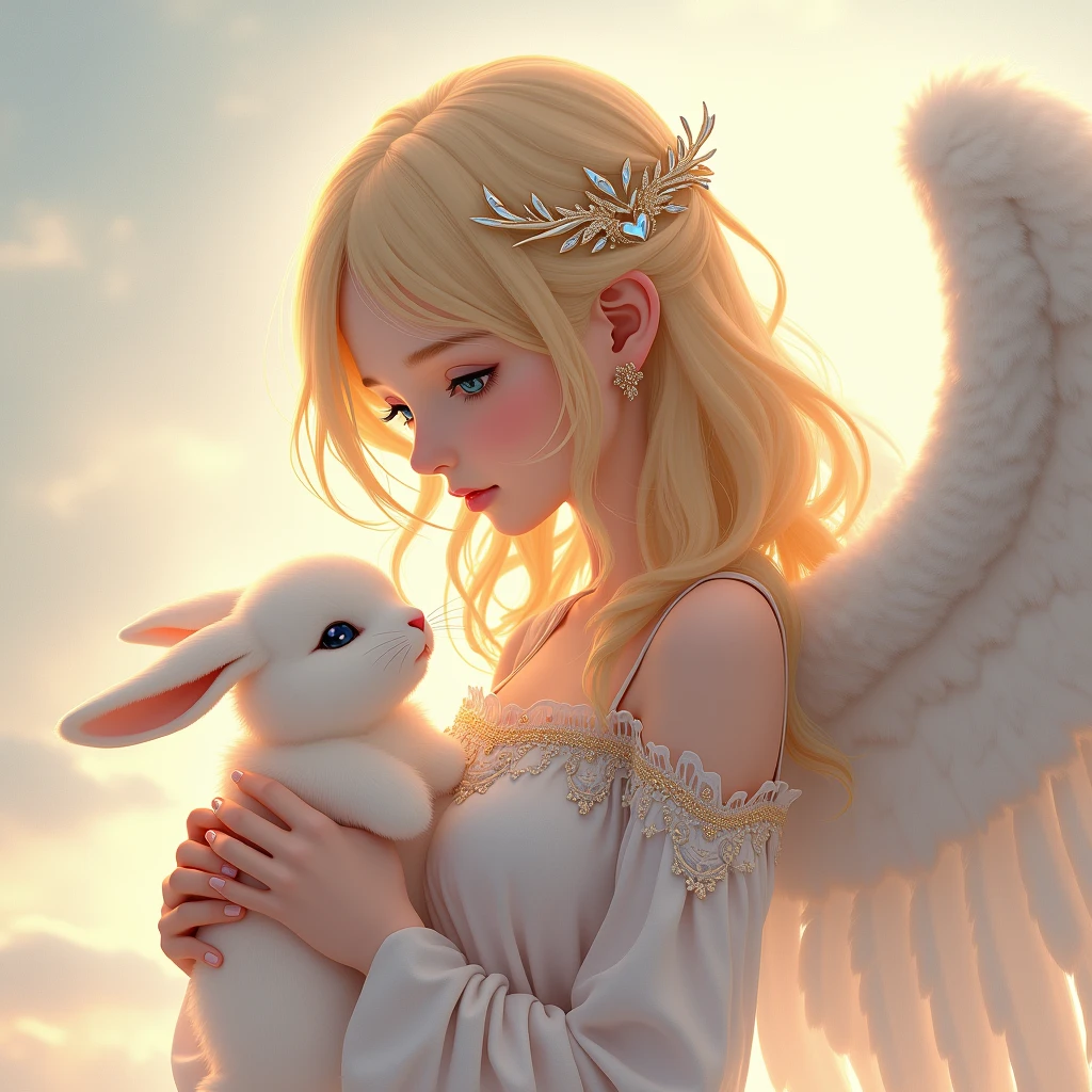 A  anime angel with golden hair and blue eyes side profile holding Rabbit in her hands
