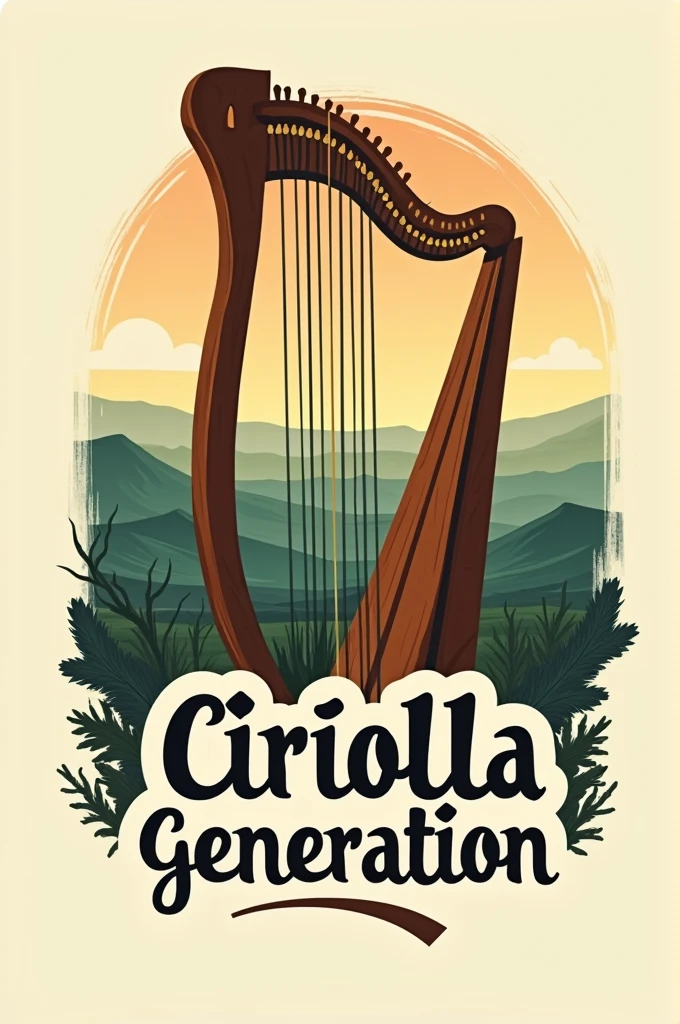 generate a logo with a llanera harp in the background and a landscape behind a Venezuelan plain and letters that say "Criolla Generation"