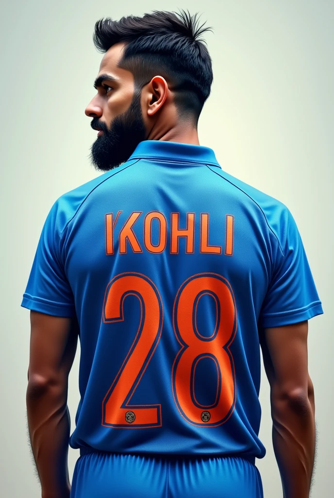 A man in indian cricket jersey whose back side name king kohli without number