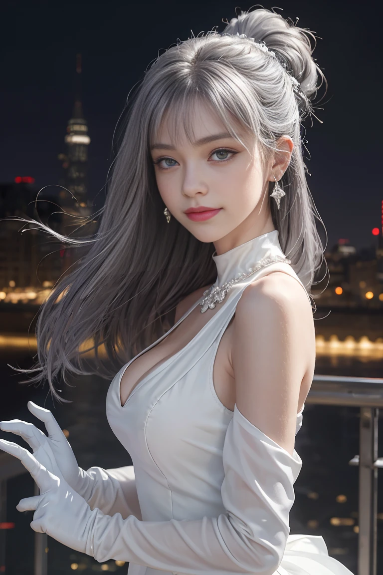 (Realistic painting style:0.9), masterpiece, best quality, absurdres, looking at viewer, solo, bronya zaychik (silverwing n-ex), bronya zaychik, red pupils, 1girl, solo, breasts, long hair, dress, grey hair, cleavage, looking at viewer, smile, closed mouth, bangs, grey eyes, jewelry, single glove, earrings, white dress, gloves, bare shoulders, sleeveless dress, drill hair, sleeveless, single sleeve, hair between eyes, large breasts, twin drills, white sleeves, hair ornament, single pauldron, city, night