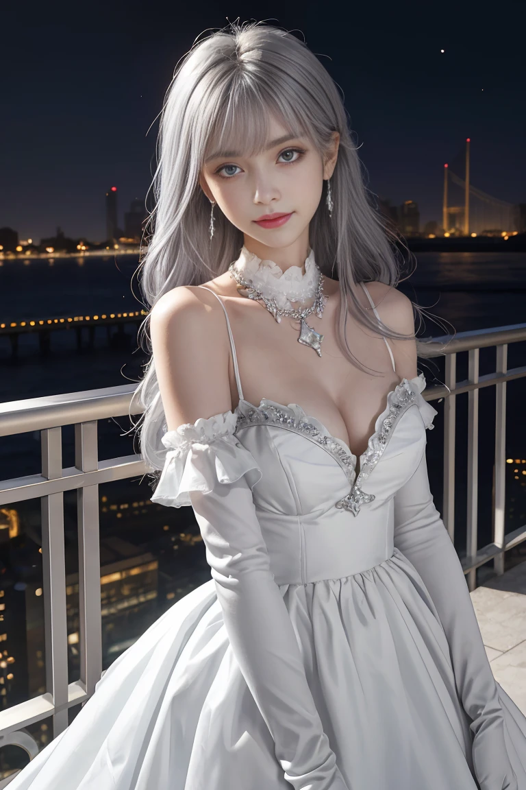 (Realistic painting style:0.9), masterpiece, best quality,  absurdres, looking at viewer, solo, bronya zaychik (silverwing n-ex), bronya zaychik, red pupils, 1girl, solo, breasts, long hair, dress, grey hair, cleavage, looking at viewer, smile, closed mouth, bangs, grey eyes, jewelry, single glove, earrings, white dress, gloves, bare shoulders, sleeveless dress, drill hair, sleeveless, single sleeve, hair between eyes, large breasts, twin drills, white sleeves, hair ornament, single pauldron, city, night