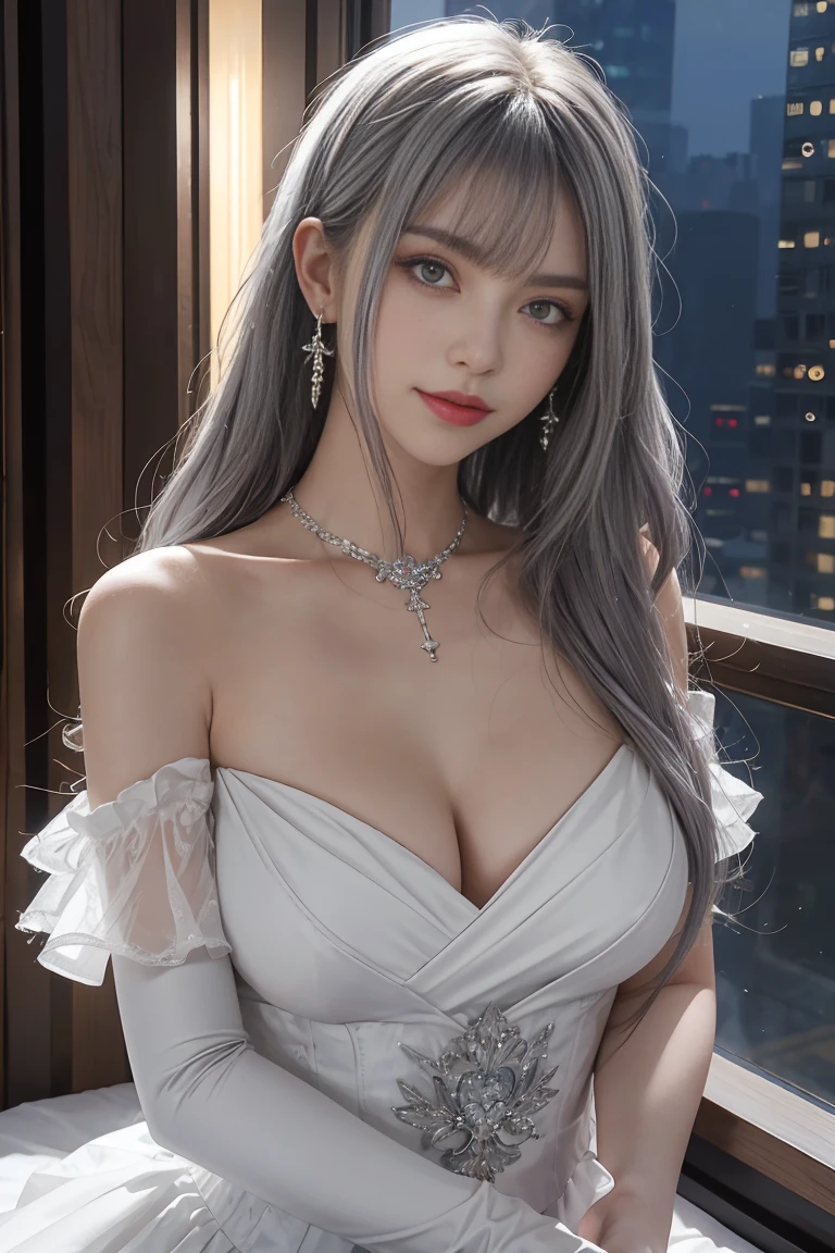 (Realistic painting style:0.9), masterpiece, best quality,  absurdres, looking at viewer, solo, bronya zaychik (silverwing n-ex), bronya zaychik, red pupils, 1girl, solo, breasts, long hair, dress, grey hair, cleavage, looking at viewer, smile, closed mouth, bangs, grey eyes, jewelry, single glove, earrings, white dress, gloves, bare shoulders, sleeveless dress, drill hair, sleeveless, single sleeve, hair between eyes, large breasts, twin drills, white sleeves, hair ornament, single pauldron, city, night