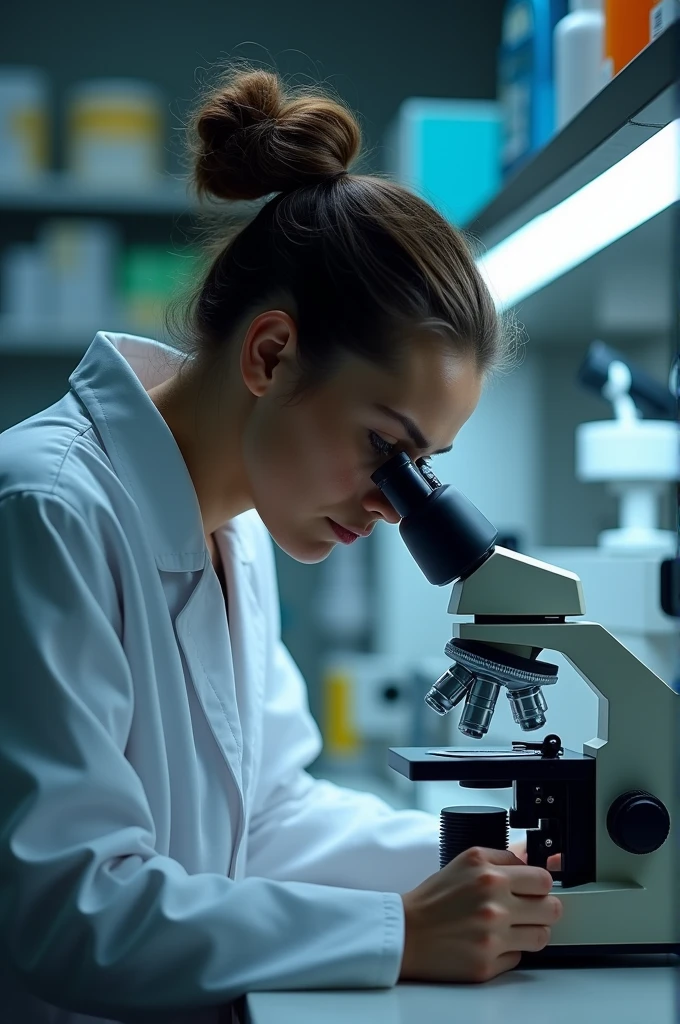 Tender brain in a lab coat looking through a microscope