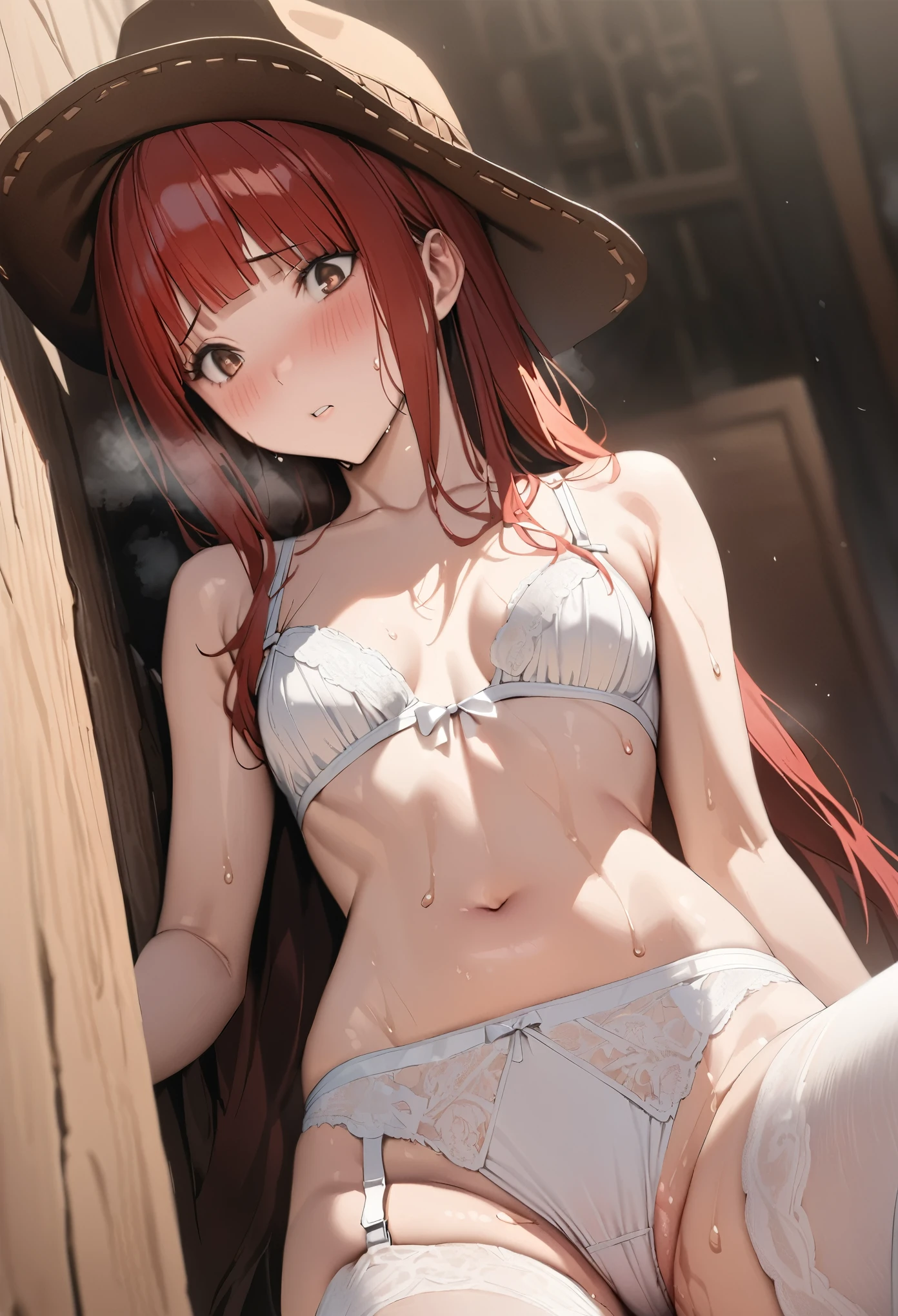 ((masterpiece,best quality anime,Highest quality:1.3)),realistic,cowboy shot,(30 year old beauty),gunslinger,1woman,独奏,((very small head:1.4)),((very long body:1.3)),(red hair),bangs,straight long hair,gorgeous big eyes,brown eyes,shy,in heat,Heavy breathing、(Lingerie、White bra、navel、White panties,white_thighhighs,A white garter belt,Cowboy Hat),((slender body:1.3,skinny)),small breasts,gleaming skin,shiny skin,(sweat:1.3,Love juice:1.5),standing,spread legs:1.3,on street,western town、The World of Westerns,from below,nsfw,