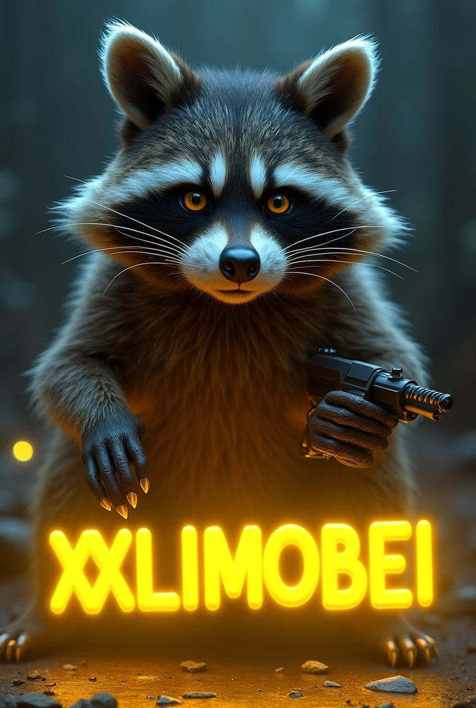 A raccoon with a weapon in its paw and under the bear "XXLIMOBEIXX" are written in neon yellow