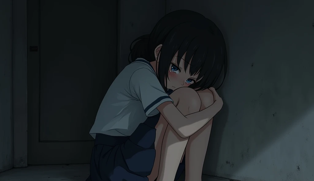 A melancholy Japanese anime schoolgirl sits, tears streaming down her face as she hugs herself, slumped against a black wall. Her traditional schoolgirl uniform is in disarray, hinting at a recent emotional upheaval. The stark contrast between her delicate features and the squalid surroundings adds depth to the poignant narrative woven into this evocative masterpiece.
