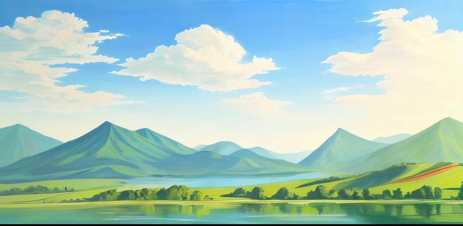 There is a painting,The scene is blue sky, white clouds, green water and green mountains.