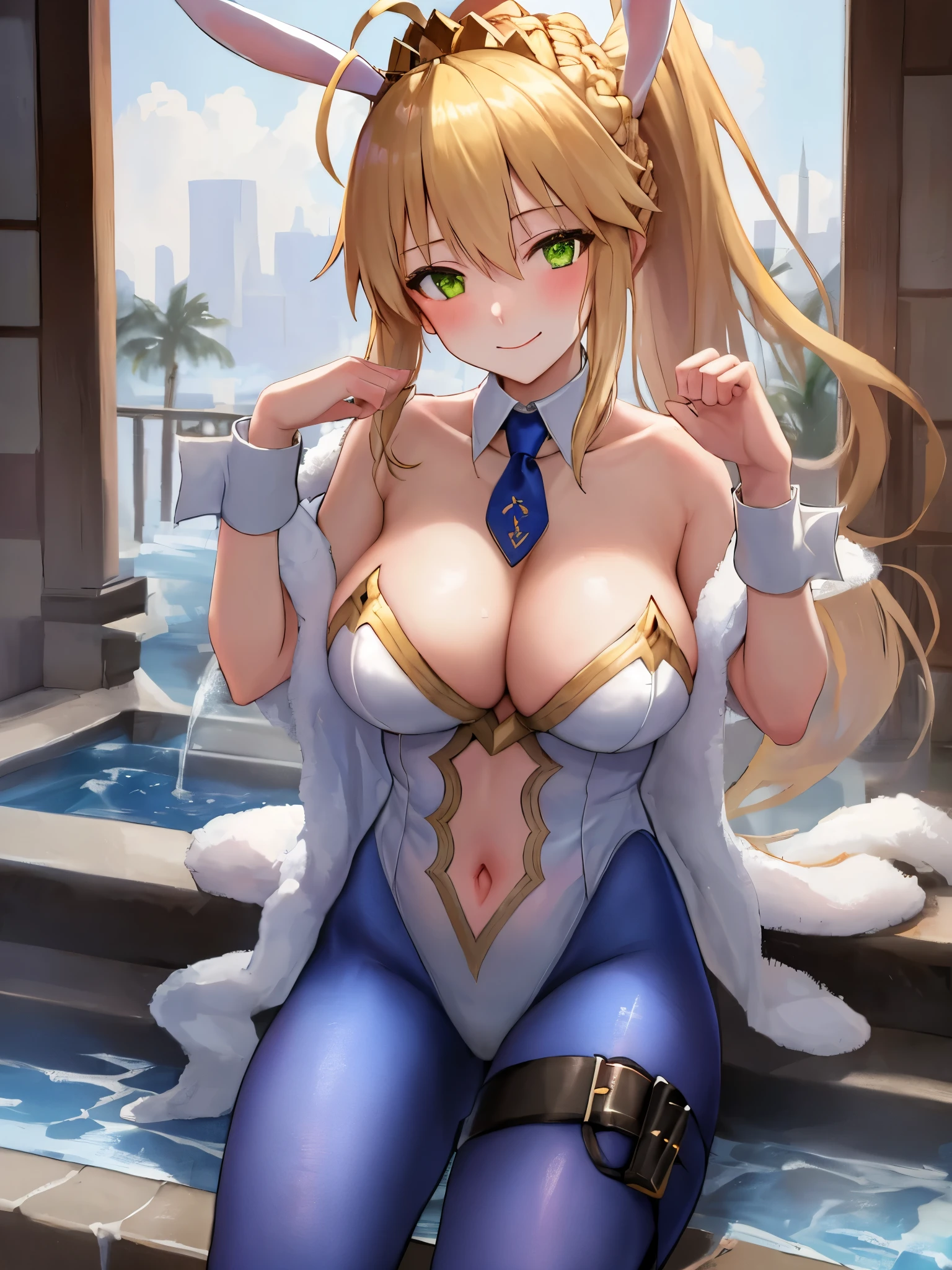 masterpiece, best quality, absurdres, soft lighting, looking at viewer, solo, light_smile, shy,
1girl, ahoge, rabbit ears, playboy bunny, artoria pendragon \(swimsuit ruler\) \(fate\), large breasts , blonde hair, green eyes, french braid,  pony tail
bare shoulders, large breasts , cleavage,
clothing cut out, wrist cuffs, detached collar, navel cutout, feather boa,
white leotard, blue necktie, blue pantyhose, single thigh strap, hands_on_head,put_hands_up,
squat,gorgeous_fountain_landscape_background,solo,rabbit_posing,large_thighs,Extend_fingers,palm,open_legs,.solo