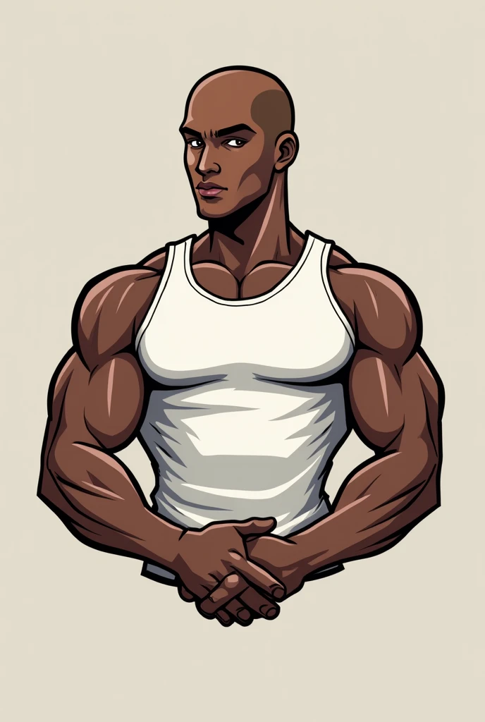  logo gym (coach Lucio) bald black guy 18 years old without beard no hair white tank top good shape