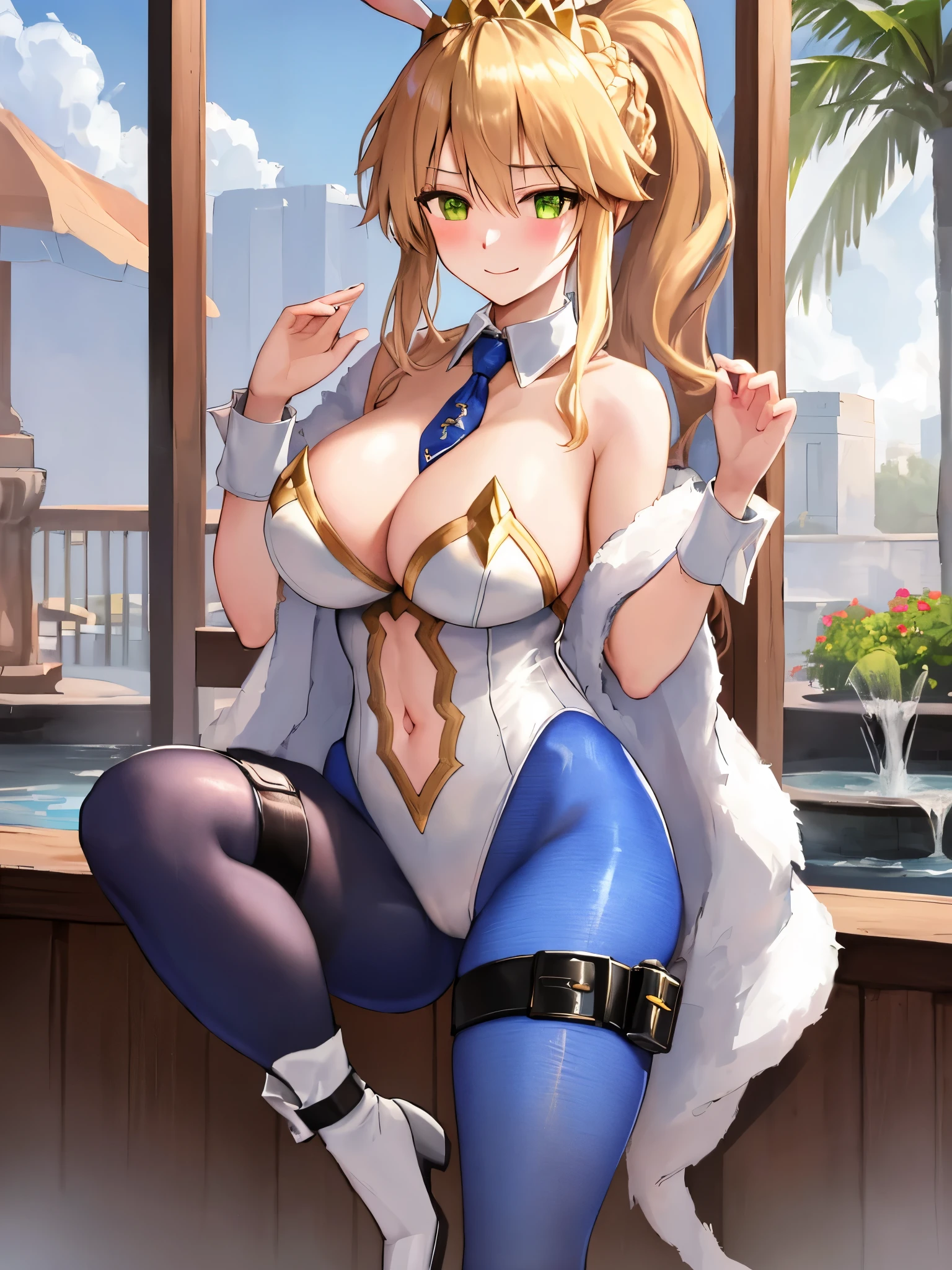 masterpiece, best quality, absurdres, soft lighting, looking at viewer, solo, light_smile, shy,
1girl, ahoge, rabbit ears, playboy bunny, artoria pendragon \(swimsuit ruler\) \(fate\), large breasts , blonde hair, green eyes, french braid,  pony tail
bare shoulders, large breasts , cleavage,
clothing cut out, wrist cuffs, detached collar, navel cutout, feather boa,
white leotard, blue necktie, blue pantyhose, single thigh strap, hands_on_head,put_hands_up,
squat,gorgeous_fountain_landscape_background,solo,rabbit_posing,large_thighs,Extend_fingers,palm,open_legs,.solo