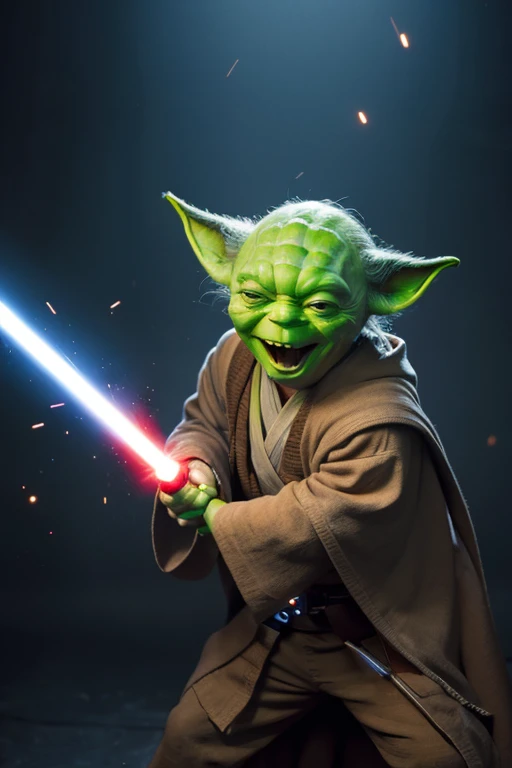 A madman smiling and swinging a lightsaber,Everything around him is being sliced and diced,Flying sparks,A translucent shadow of Master Yoda behind him